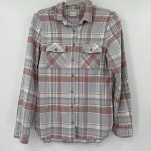 Womens Soft Plaid Flannel Shirt Size L Dusty Mauve Neutral Granola Girl Hiking‎